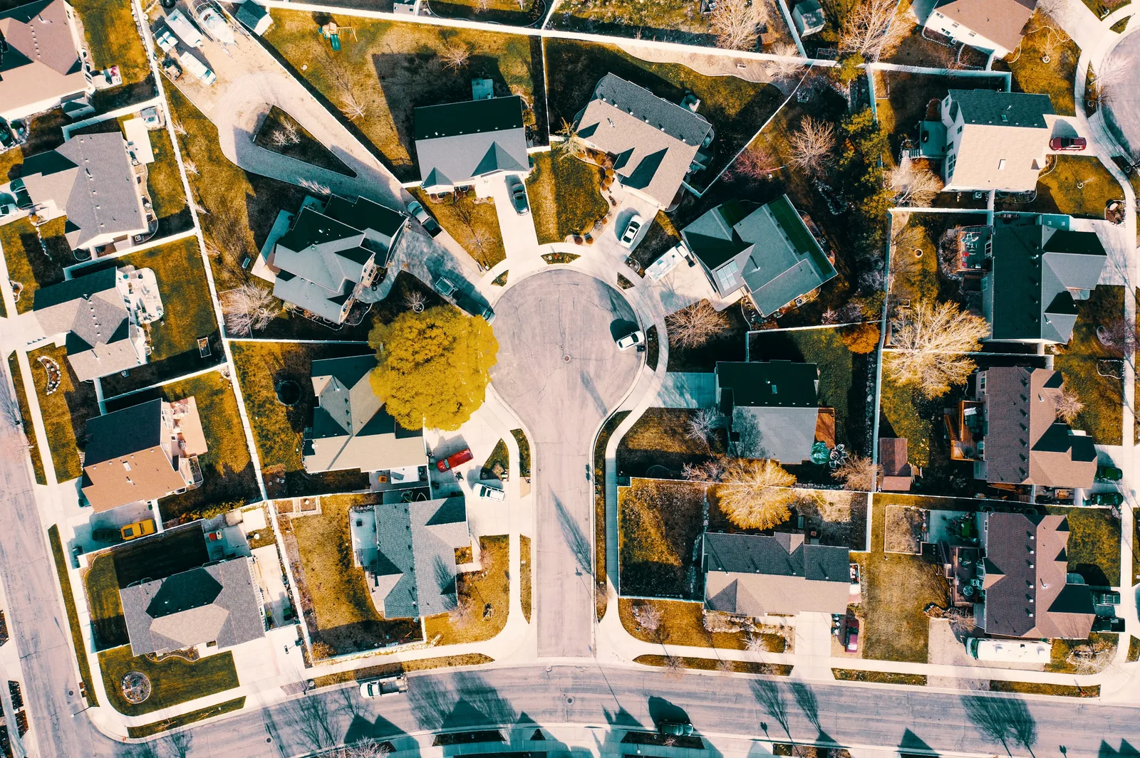 An aerial view of a Houston-area neighbourhood at golden hour